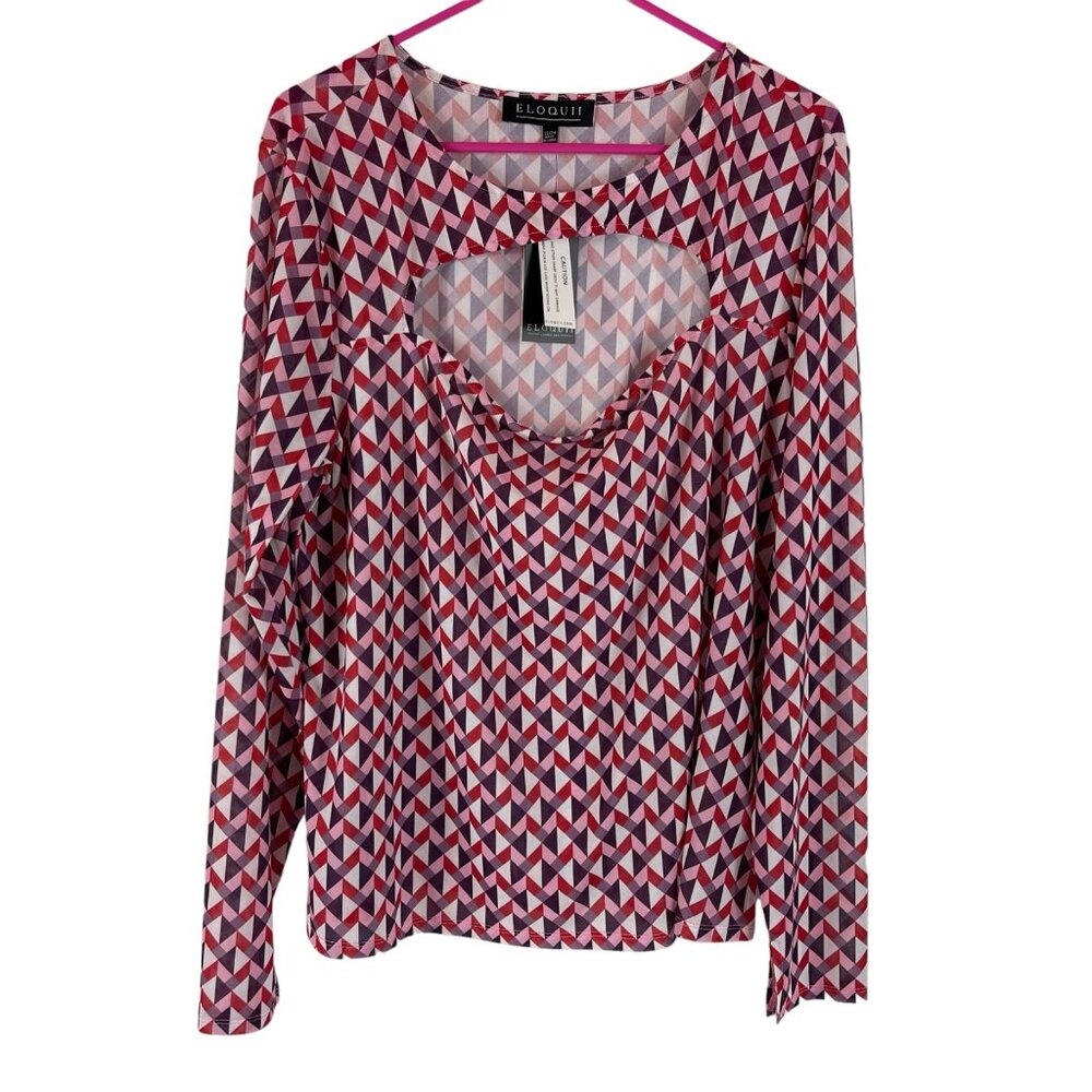 Eloquii Cutout Geometric Blouse Top Sz 22 24 Womens Long Sleeve Pink Sheer